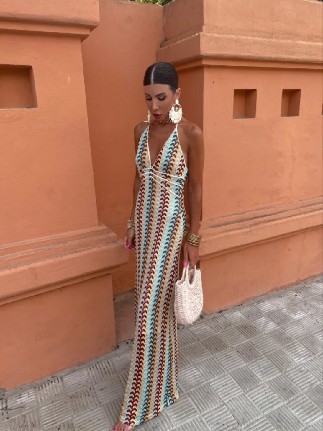 Striped crochet halterneck maxi dress with open back and delicate front ties for beach nights