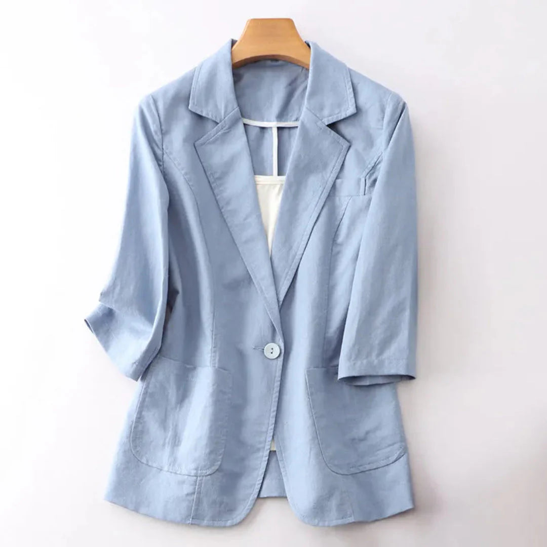 Women's relaxed linen-cotton blazer three-quarter sleeves lightweight breathable natural drape work travel