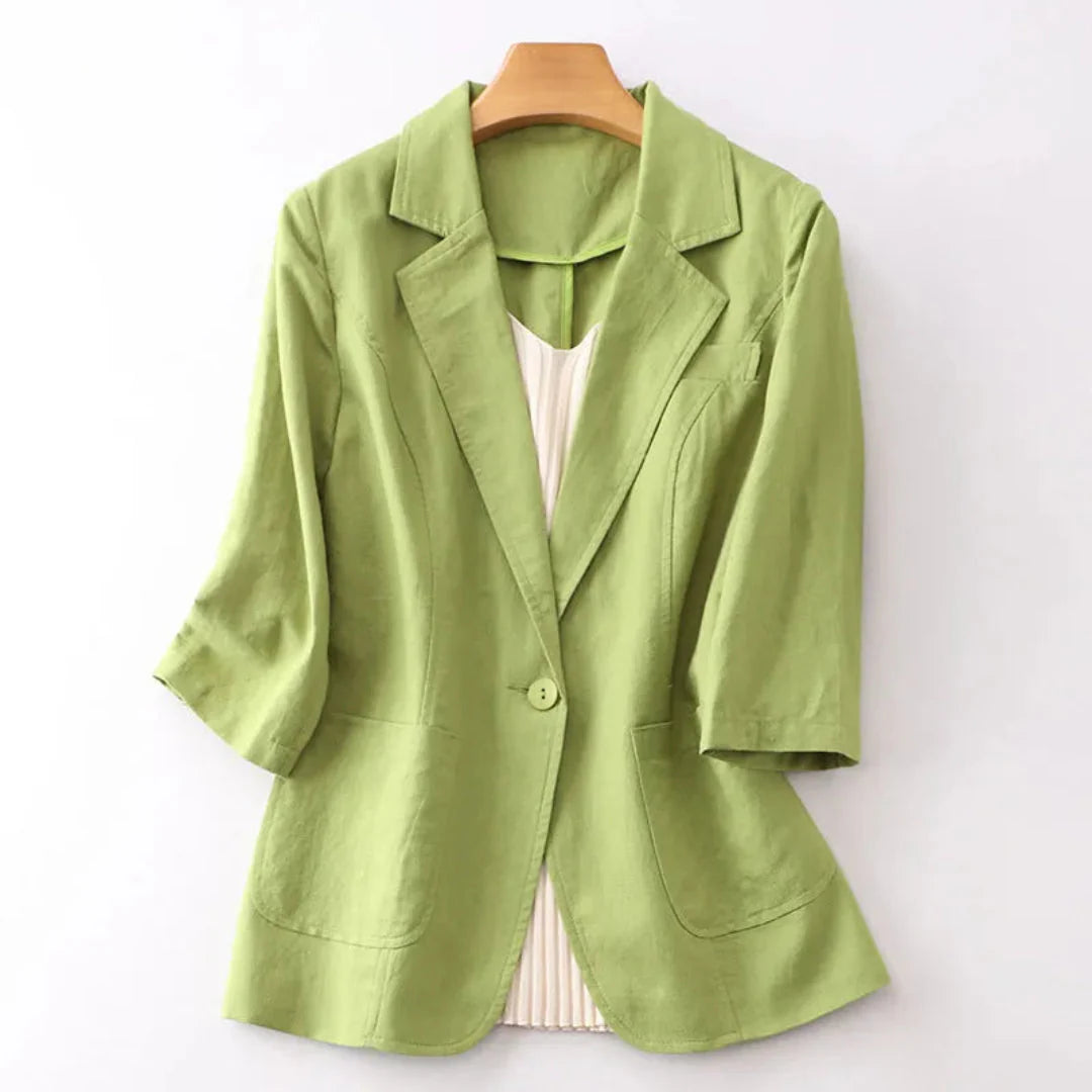 Women's beige linen blazer relaxed tailored fit three-quarter sleeves lightweight breathable work travel