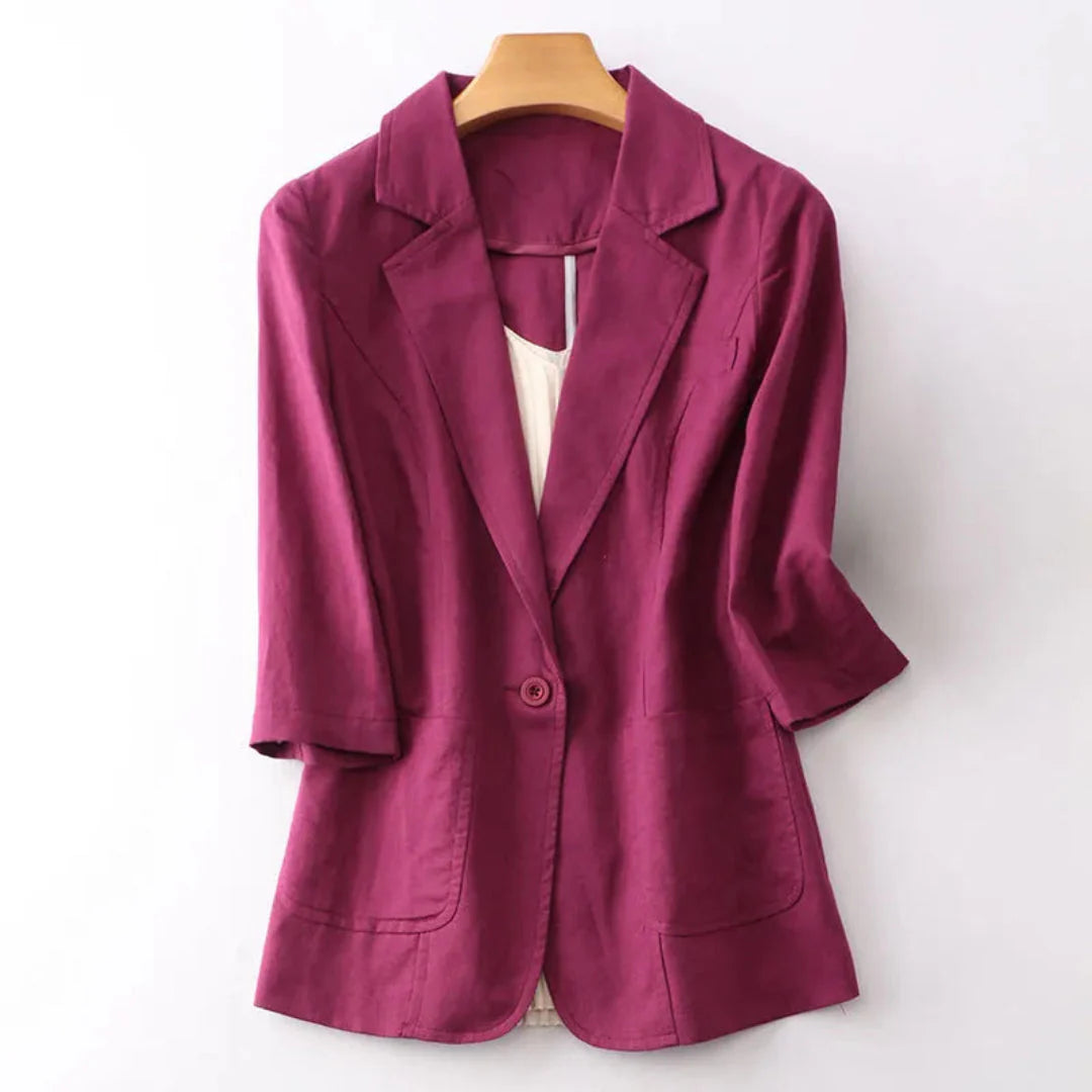 Women's light beige linen blazer relaxed tailored fit three-quarter sleeves breathable lightweight work travel