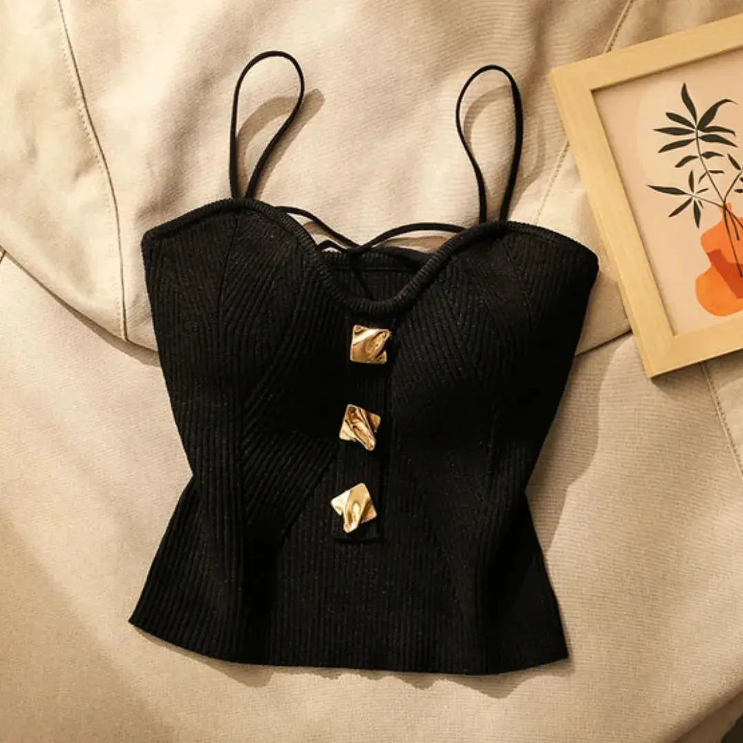 Ribbed knit corset top with sweetheart neckline, sculpted silhouette, and gold-tone buttons