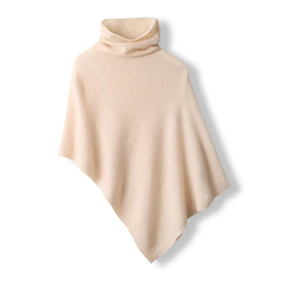 Women's lightweight wool poncho in neutral tone, turtleneck silhouette, relaxed drape, one-size luxurious layer