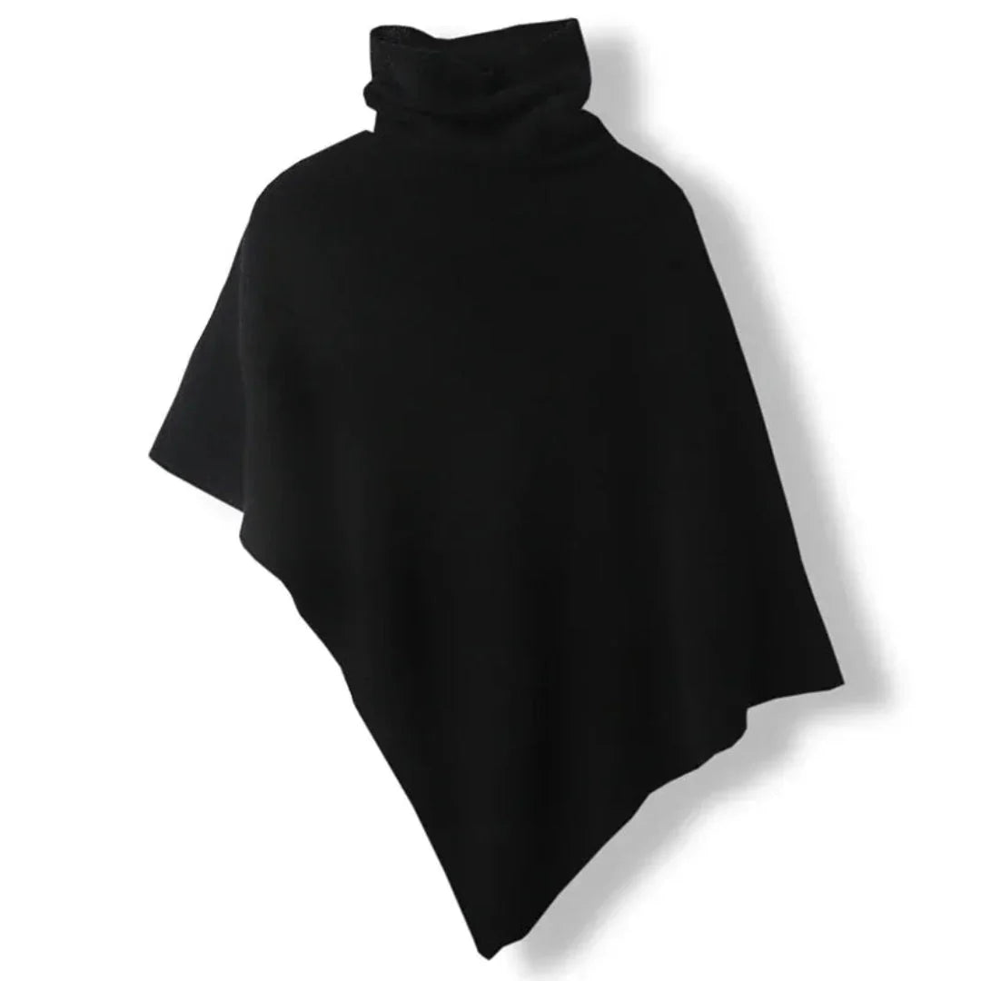 Women's lightweight wool poncho in neutral tone, relaxed turtleneck silhouette, one-size luxurious drape