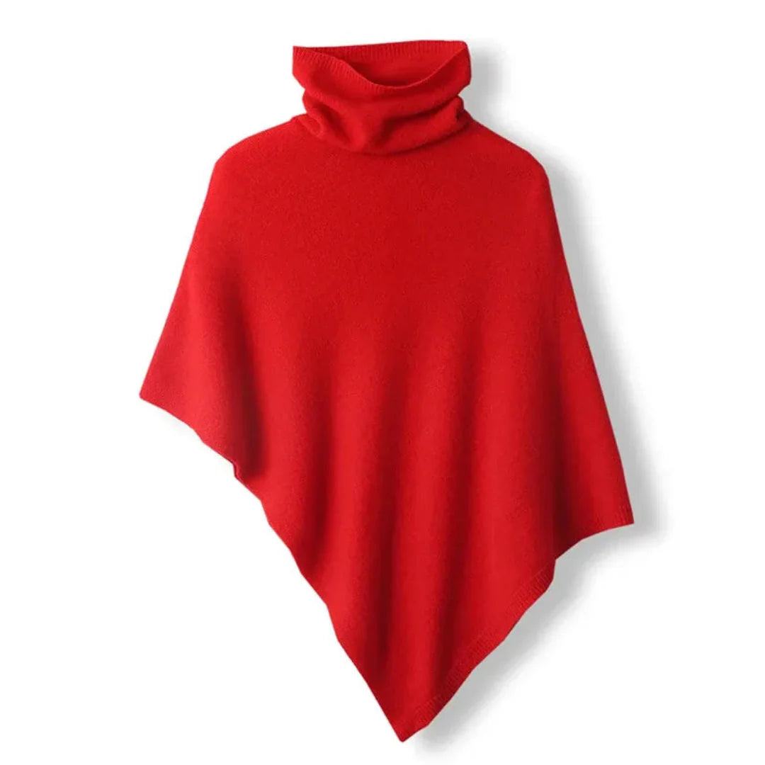 Women's lightweight wool poncho in neutral tone, relaxed turtleneck silhouette, one-size luxurious drape