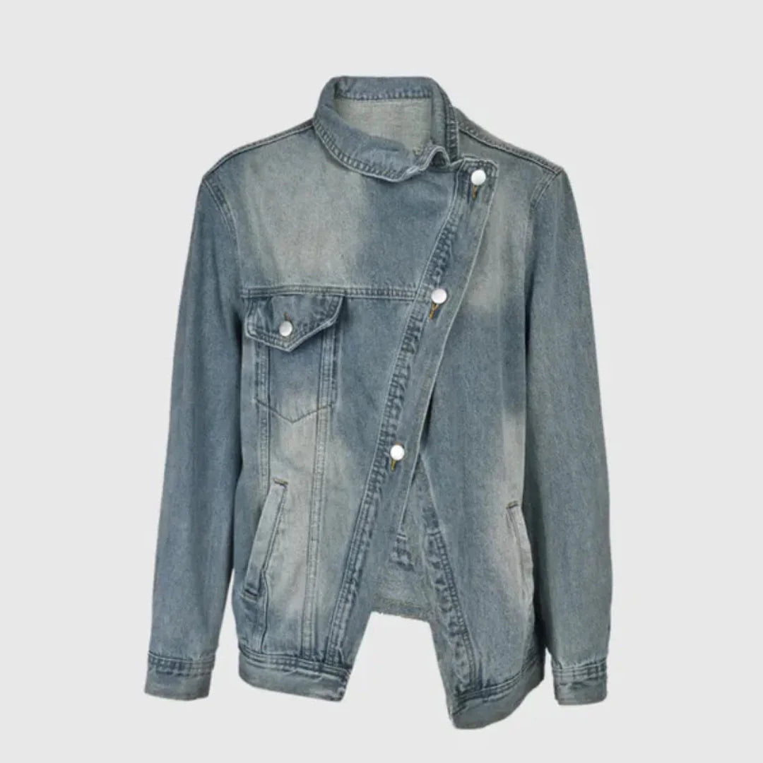 Vanna asymmetrical denim jacket oversized fit high neck collar button front streetwear blue