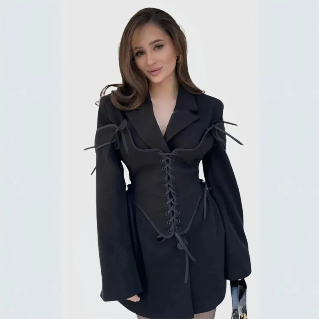 Black corset blazer dress with lace-up front, shoulder tie, and tailored structured silhouette