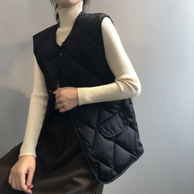 Sable unisex quilted bomber vest beige lightweight insulated oversized utility pockets hidden snaps