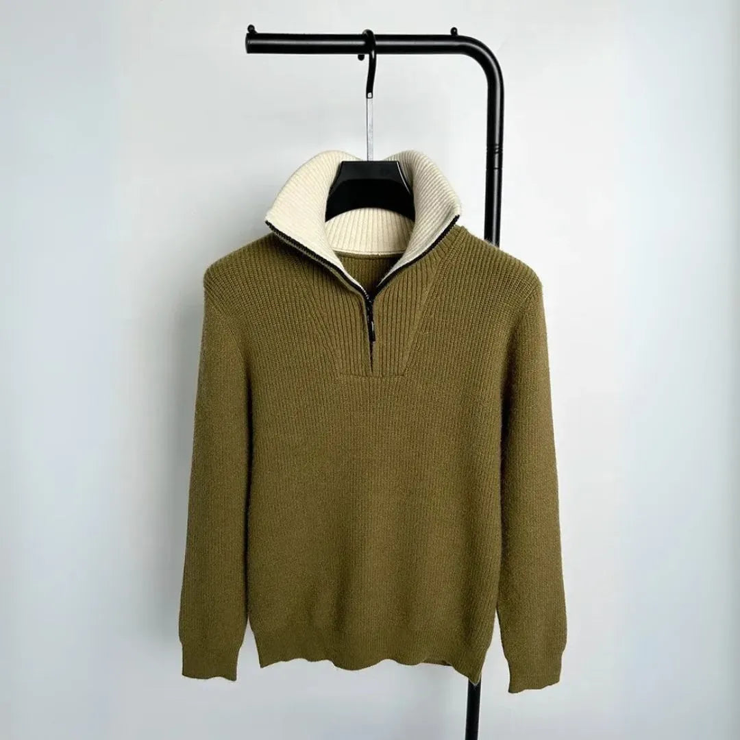 Women's quarter-zip knit sweater soft ribbed texture contrast collar casual chic pullover