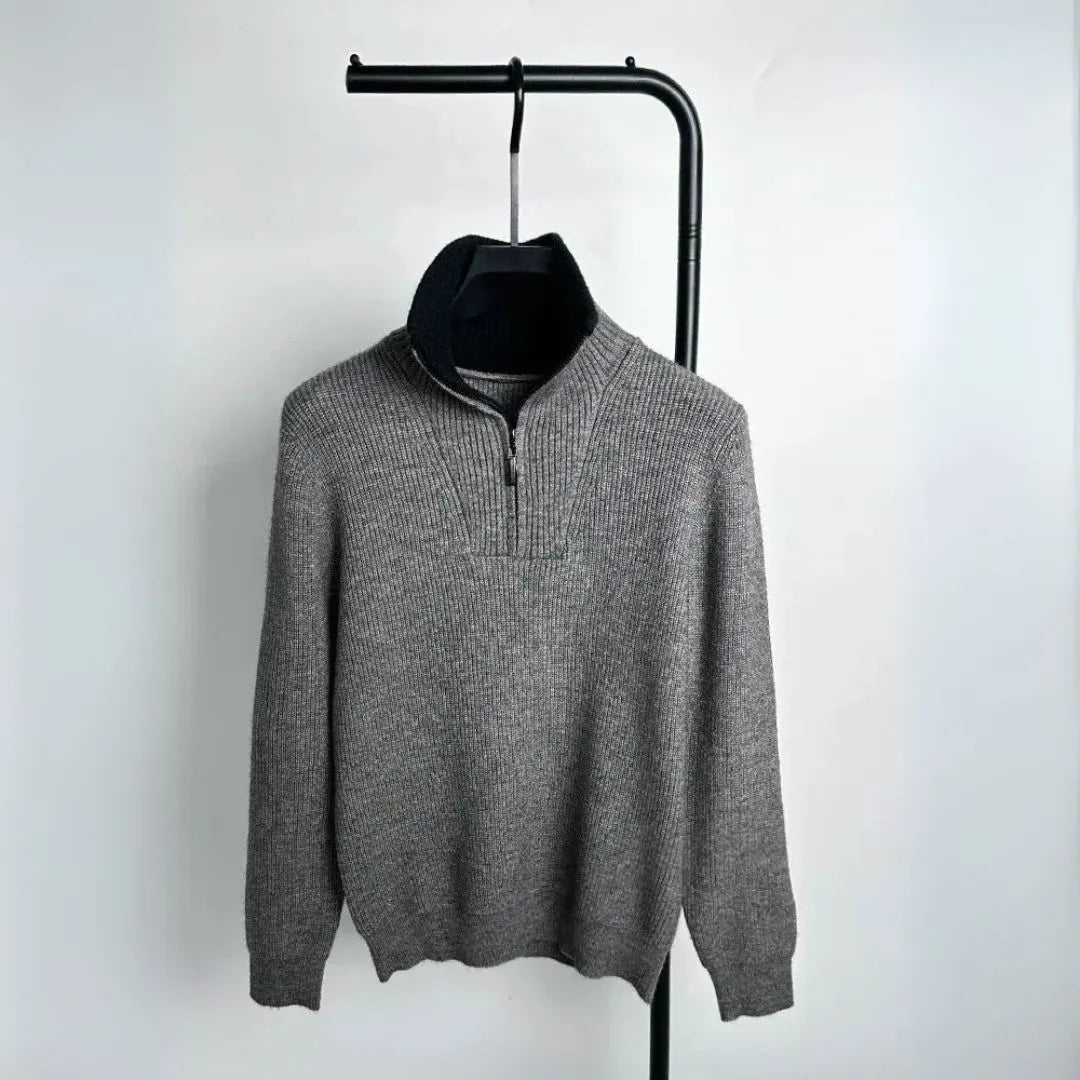 Women's quarter-zip knit sweater, soft ribbed texture, contrast collar, casual chic everyday style