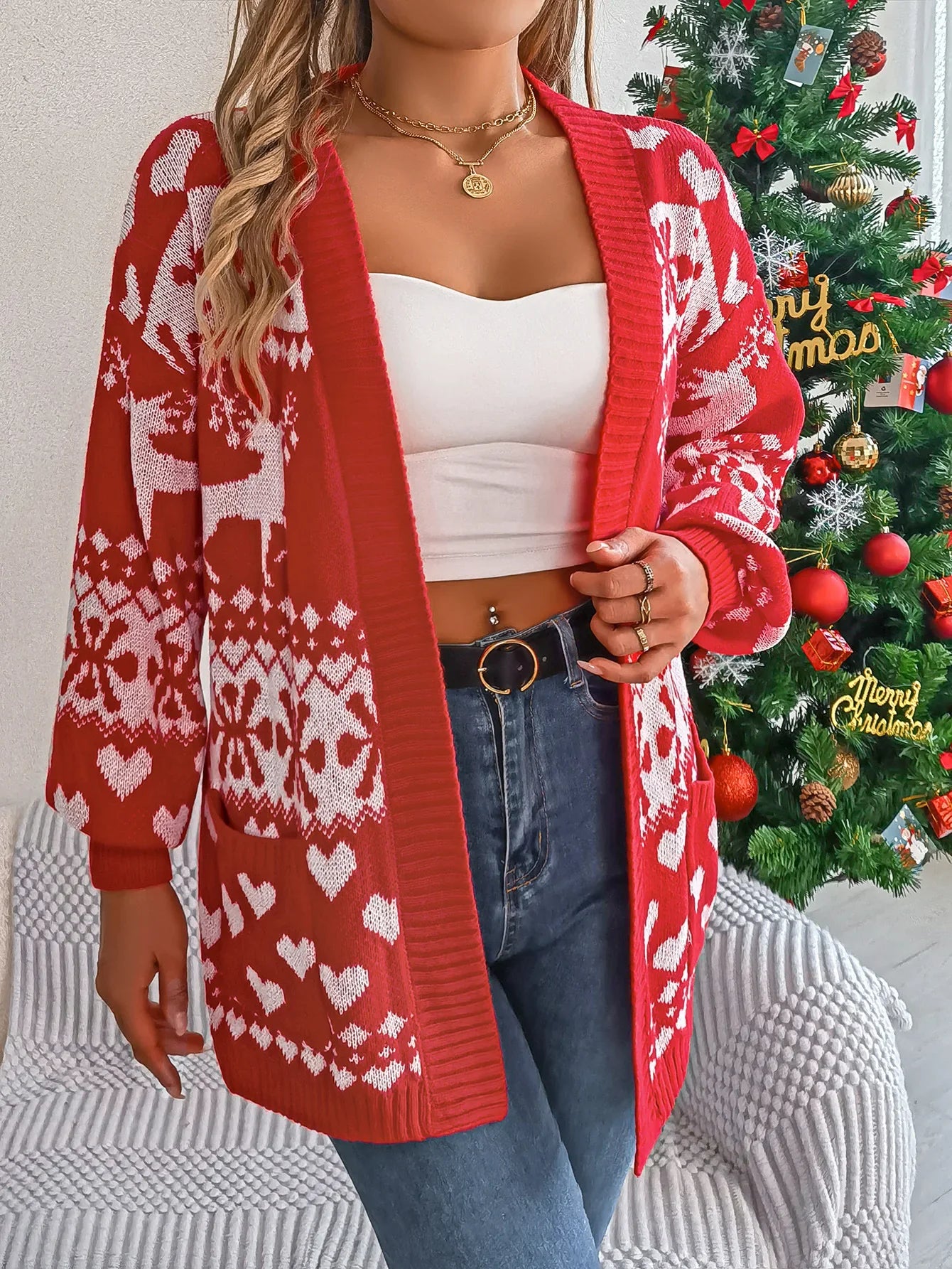 Women's red white open-front Christmas cardigan with snowflake heart knit pattern and front pockets