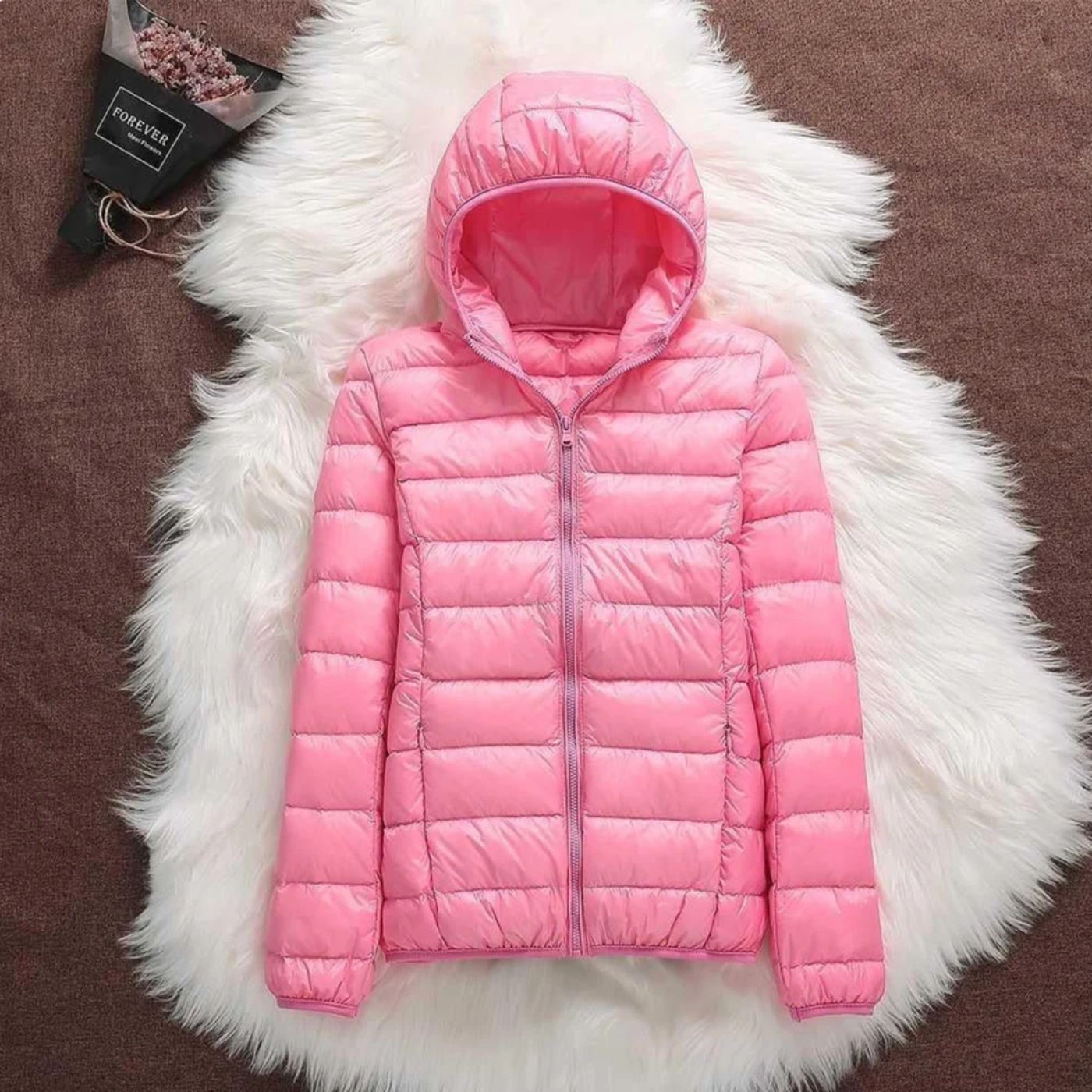 Lightweight quilted puffer hooded jacket in neutral tone, slim packable fit for outdoor wear