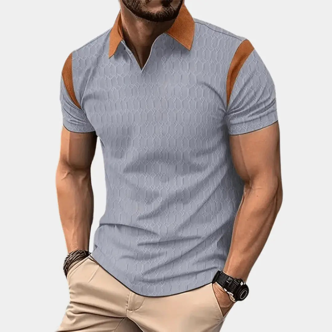 Men's tailored polo shirt with contrast collar, stretch knit fabric, and smart-casual slim fit