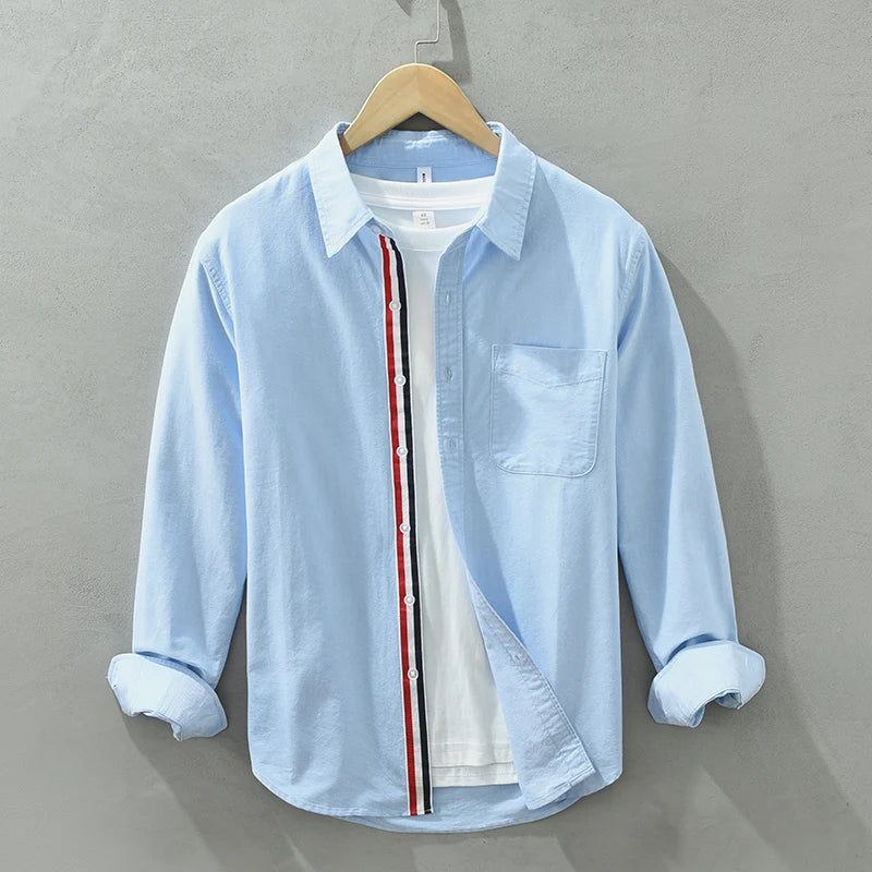 Vince men's white linen shirt with red-black contrast stripe placket, lightweight breathable fit