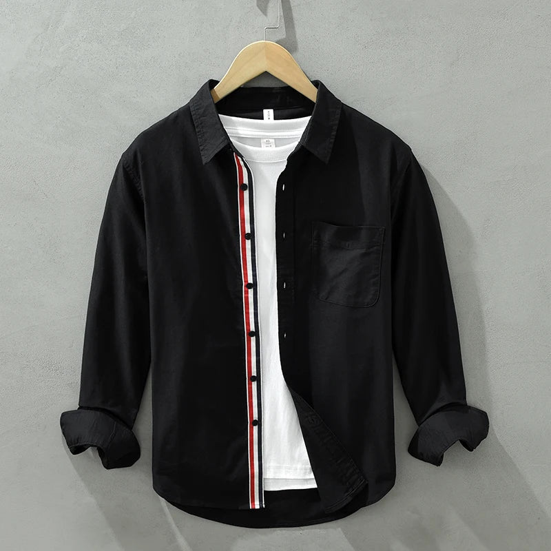 Vince men's white linen shirt with red-black contrast stripe placket, lightweight relaxed fit
