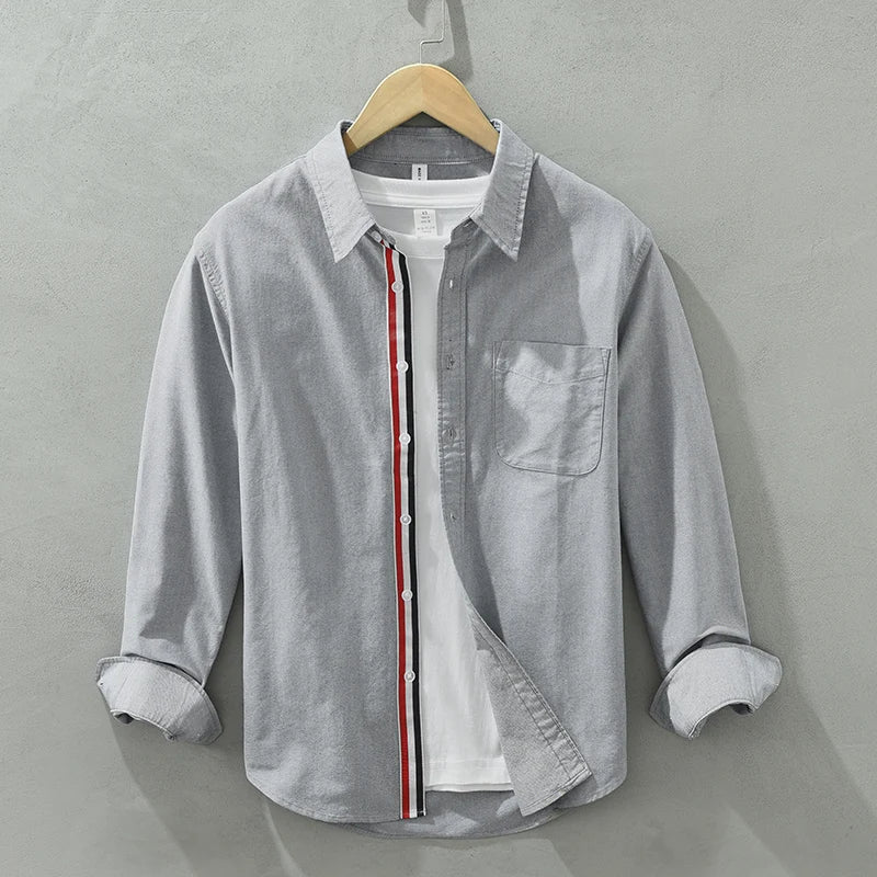 Vince men's white linen shirt with red-black contrast stripe placket, lightweight breathable fit