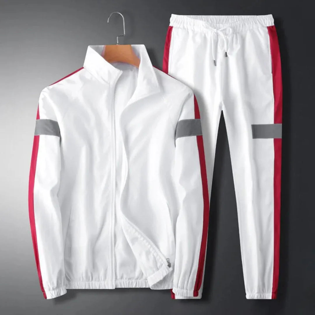 Men's Vince black tracksuit set with bold stripes and reflective details for athletic style