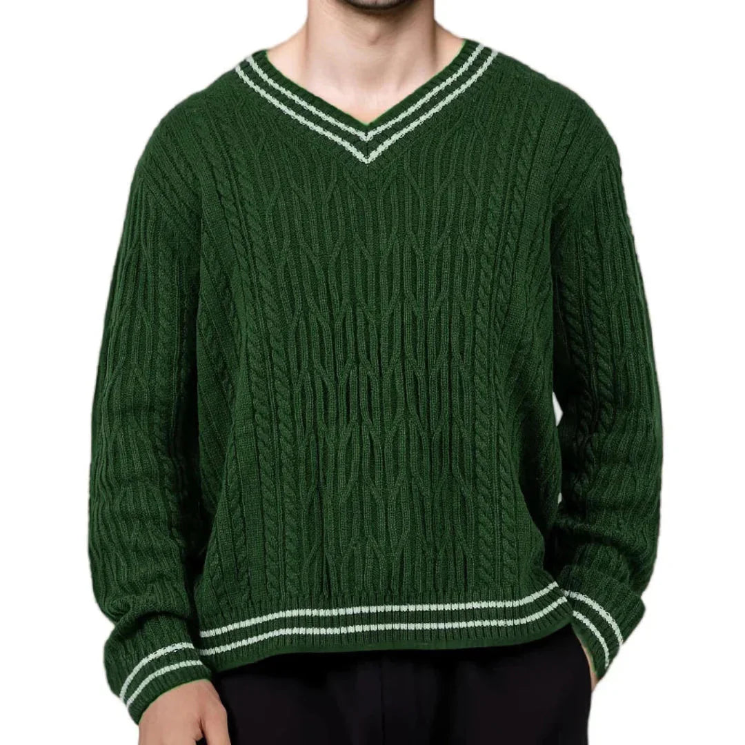 Vince deep green cable-knit V-neck jumper with white stripe trim on collar, cuffs, and hem
