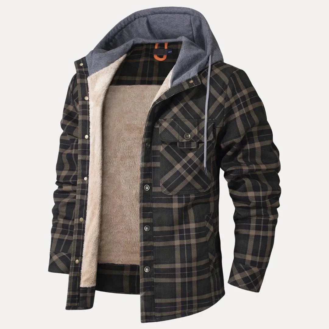 Men's plaid padded jacket sherpa-lined hood cozy cold weather outdoor style
