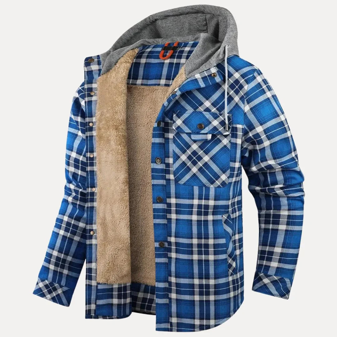 Men's plaid padded jacket with sherpa lining, hooded cold-weather outdoor style coat