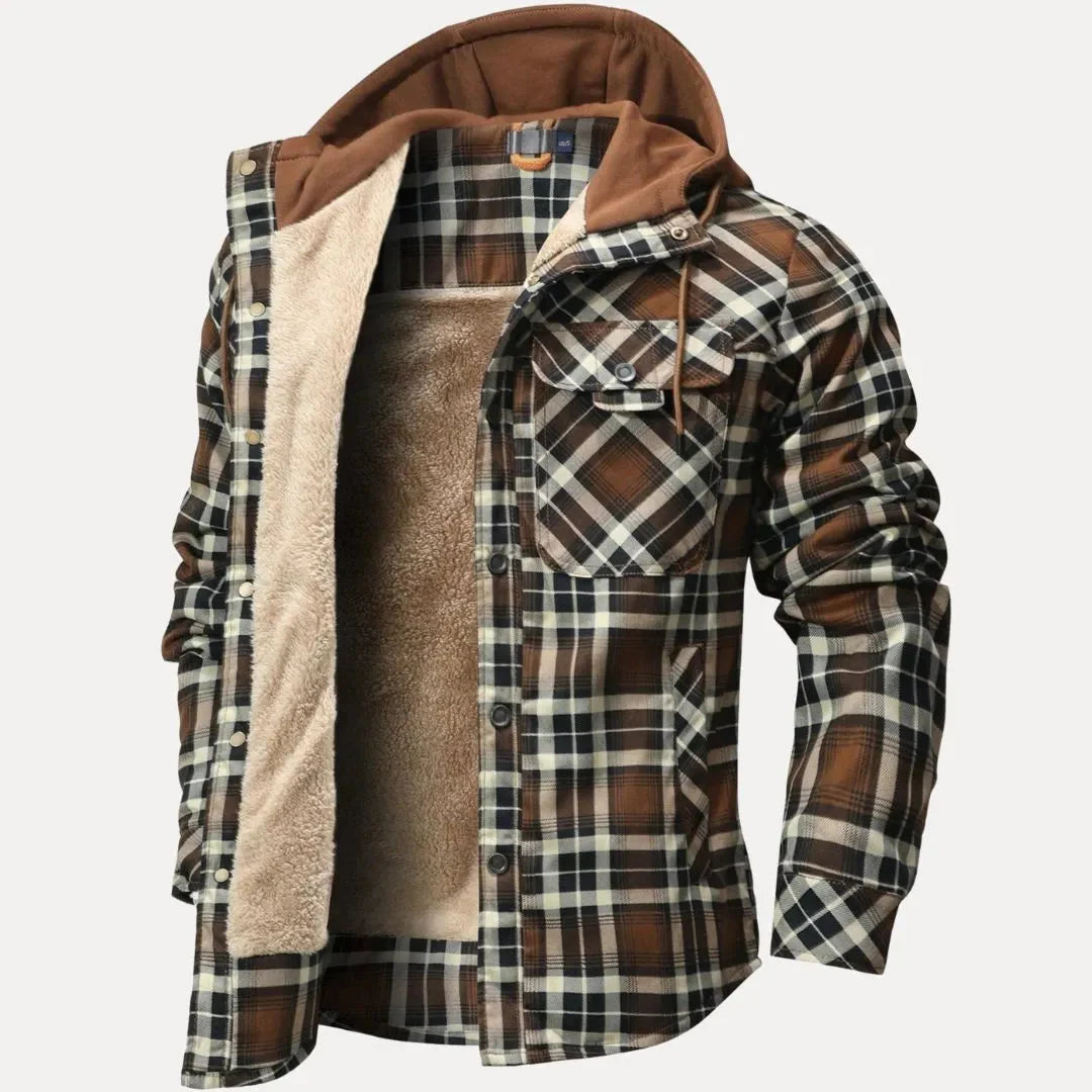 Men's plaid padded jacket with sherpa lining, hooded cozy fit for cold weather outdoor wear