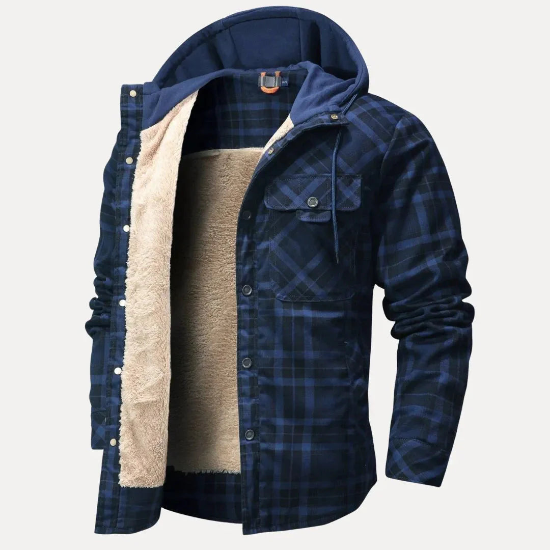 Men's plaid padded jacket sherpa-lined hood cozy cold weather outdoor layer classic fit