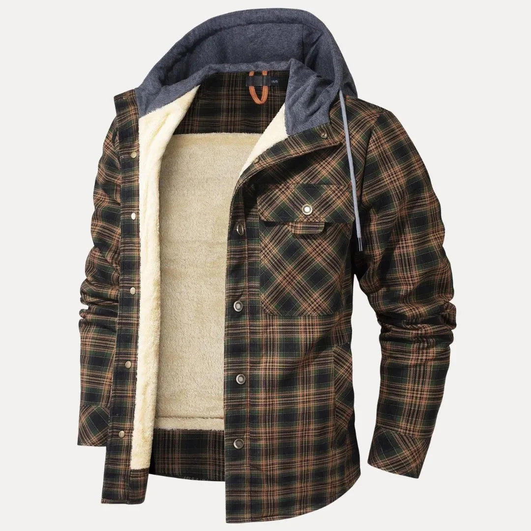 Men's plaid padded jacket sherpa-lined hood cozy cold-weather outdoor style