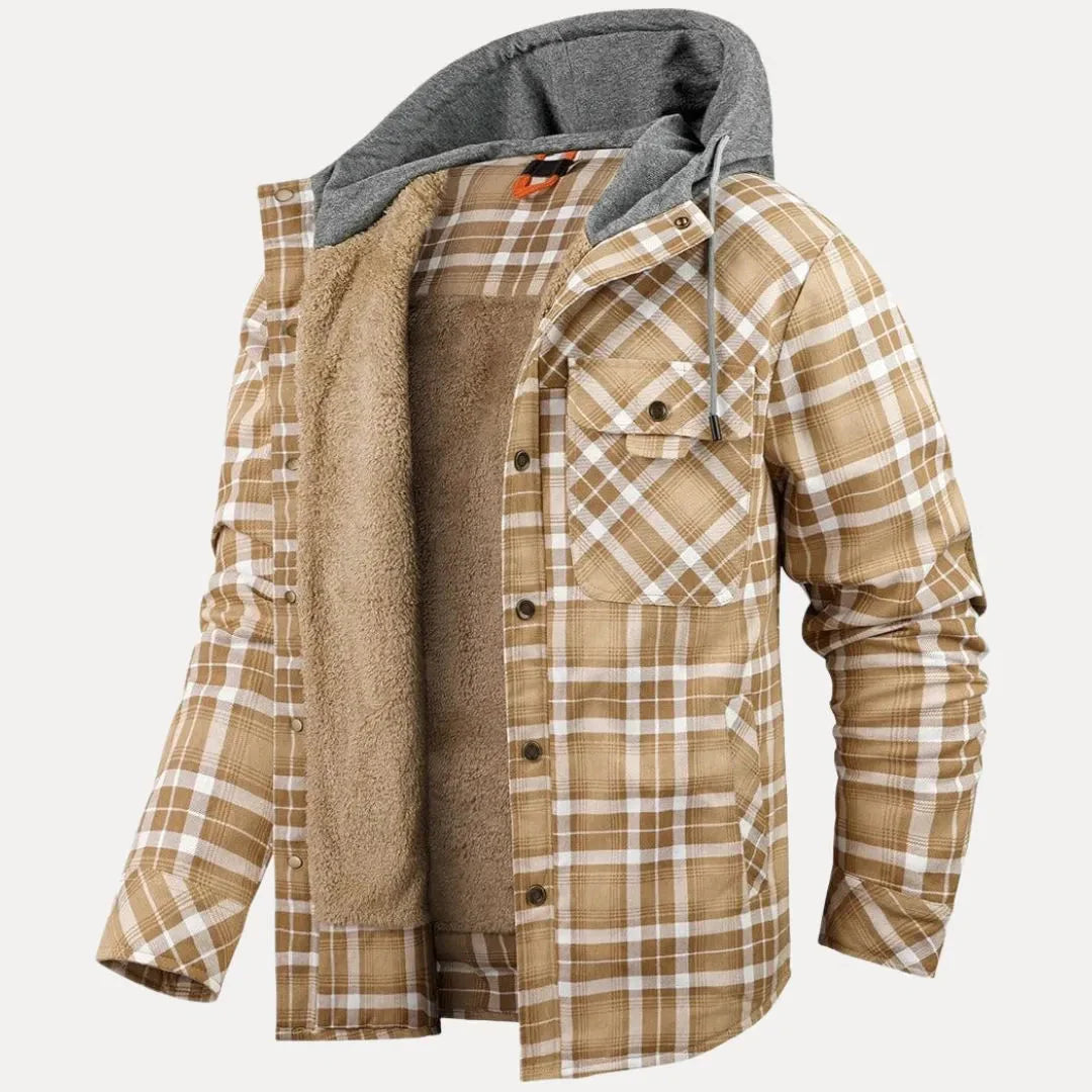 Men's plaid padded jacket sherpa-lined hood cozy outdoor cold weather layer
