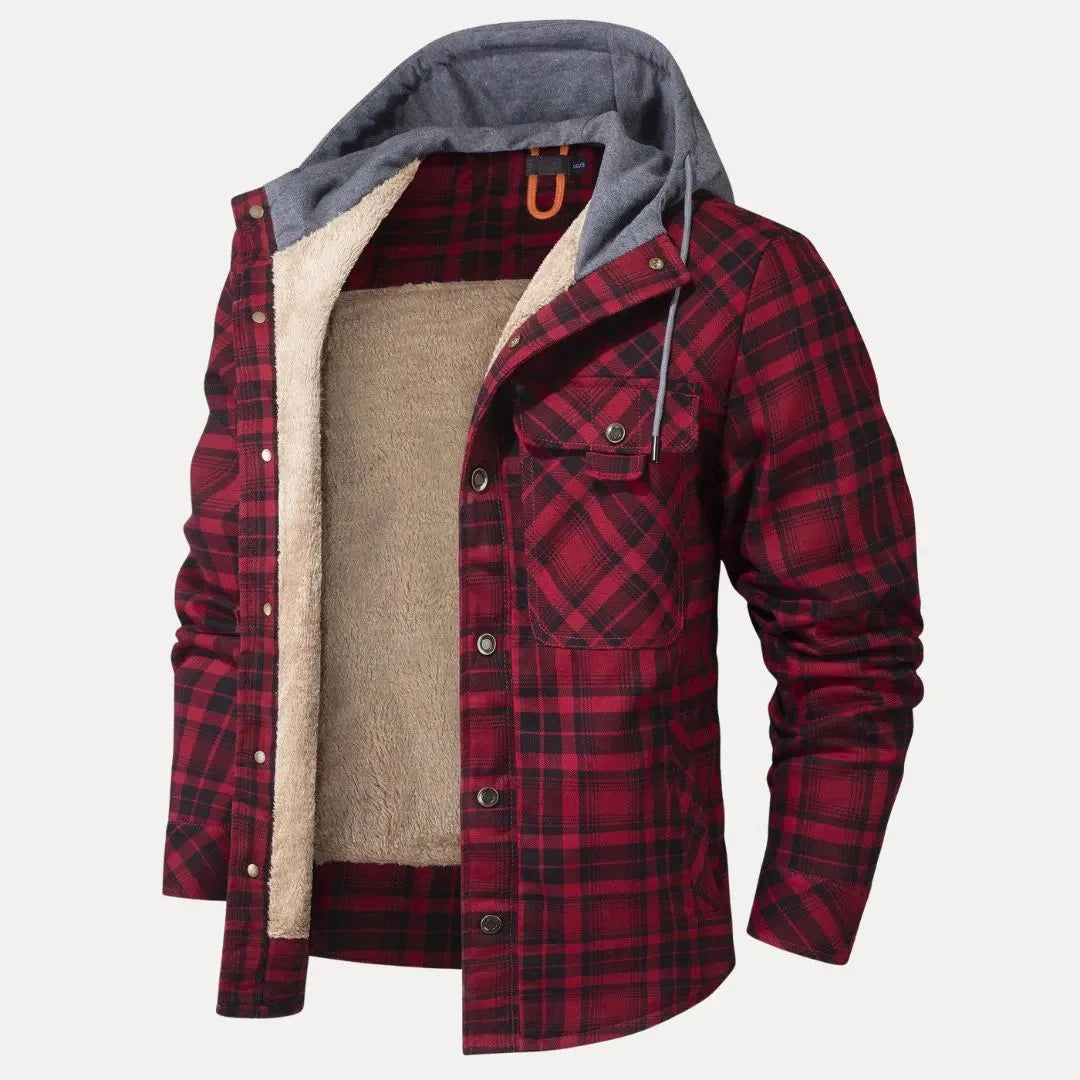 Men's plaid padded jacket with sherpa lining, cozy hood, cold weather outdoor style
