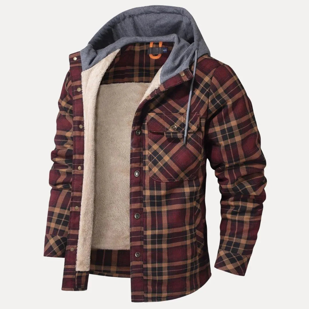Men's plaid padded jacket with sherpa lining, hooded cozy fit for cold weather outdoor wear