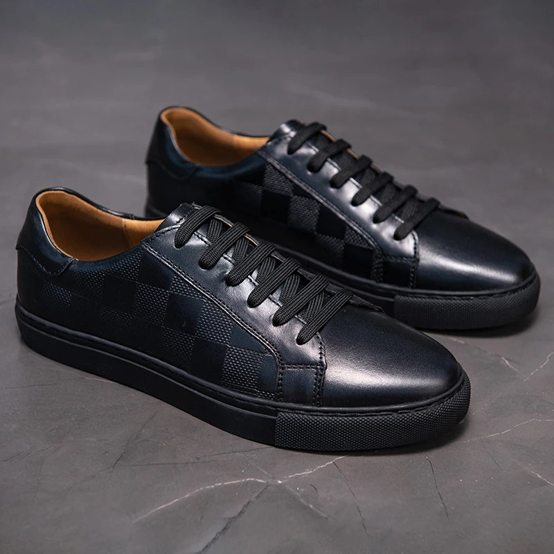 Black leather low-profile sneakers with embossed checkerboard texture for urban everyday wear
