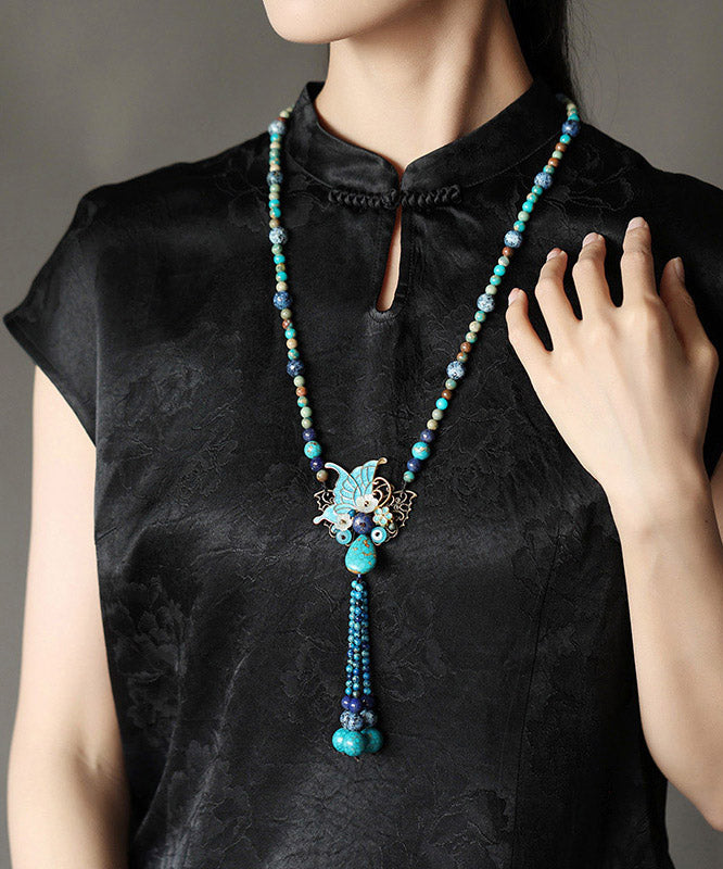 Collier pendentif papillon coquillage turquoise en alliage vintage - Urbann-Vibe