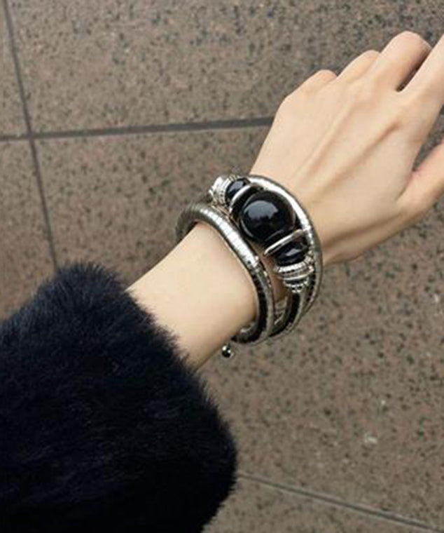 Bracelet élastique vintage en alliage noir et agate - Urbann-Vibe