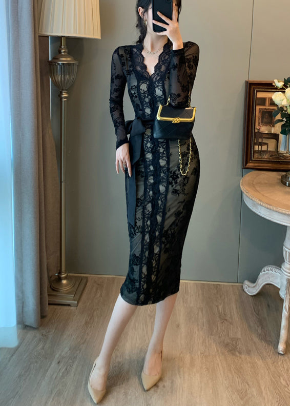 Robe tunique noire vintage en dentelle portefeuille pour l'été - Urbann-Vibe
