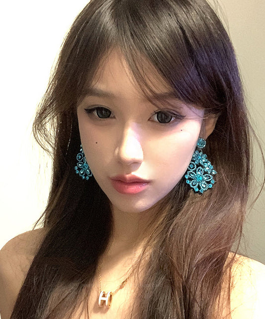 Boucles d'oreilles pendantes florales vintage en alliage de zircon bleu - Urbann-Vibe