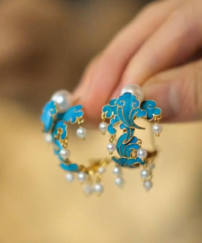 Boucles d'oreilles créoles vintage en argent sterling bleu avec perles et émail cloisonné - Urbann-Vibe