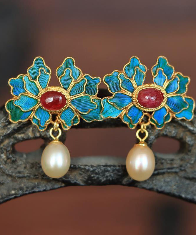 Boucles d'oreilles pendantes en argent sterling et agate cloisonnée avec perles bleues vintage - Urbann-Vibe
