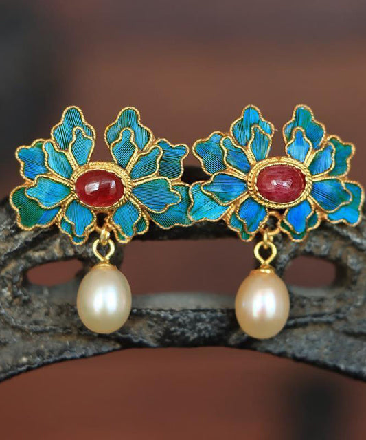 Boucles d'oreilles pendantes en argent sterling et agate cloisonnée avec perles bleues vintage - Urbann-Vibe