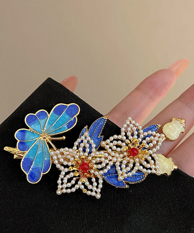 Épingle à cheveux florale cloisonnée en argent sterling bleu vintage avec perles dorées - Urbann-Vibe