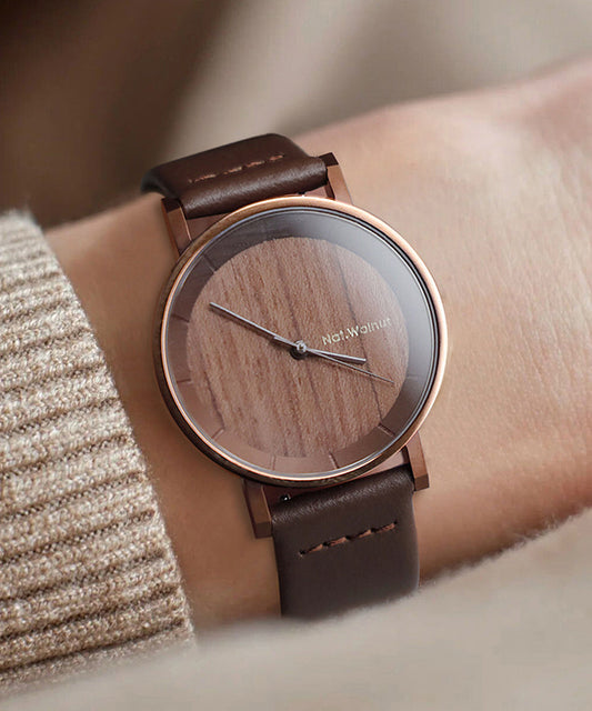 Montre vintage à quartz en cuir véritable marron avec incrustations de bois - Urbann-Vibe