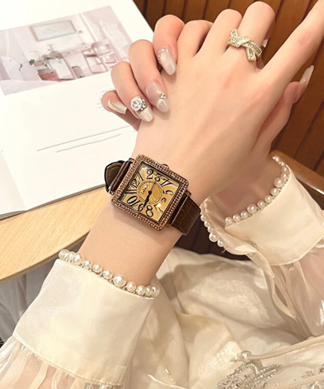 Montre vintage en cuir et verre trempé avec mouvement à quartz et zircon - Urbann-Vibe