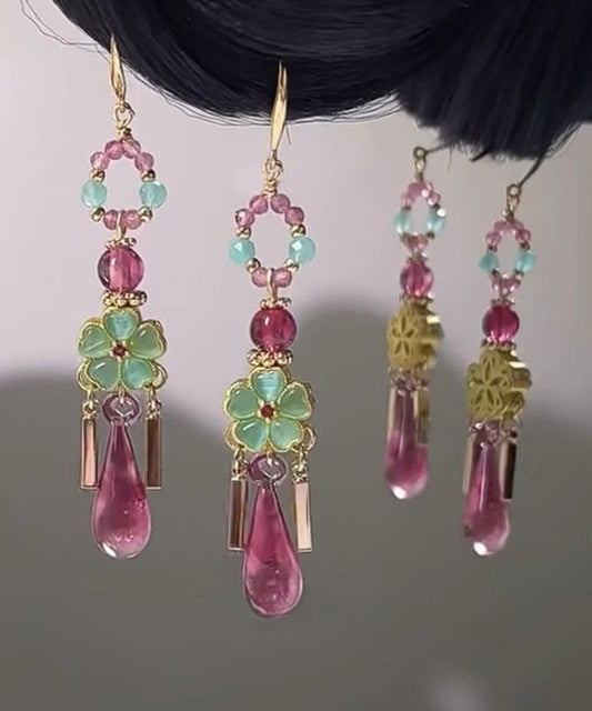 Boucles d'oreilles pendantes à pampilles florales en cuivre colorblock vintage - Urbann-Vibe