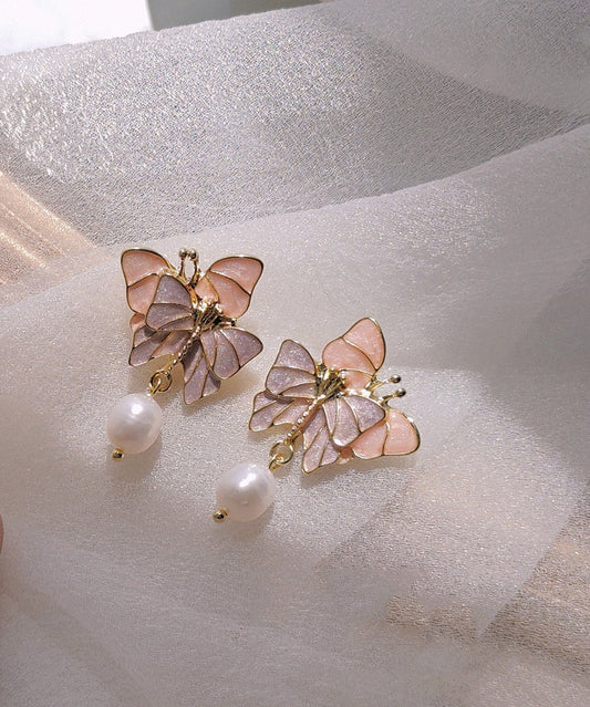 Boucles d'oreilles pendantes papillon vintage en argent sterling doré à blocs de couleurs et perles - Urbann-Vibe