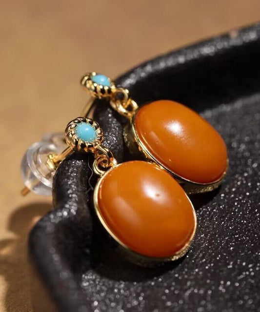 Boucles d'oreilles pendantes vintage en argent sterling coloré, surmontées de turquoise et de cire d'abeille dorée - Urbann-Vibe