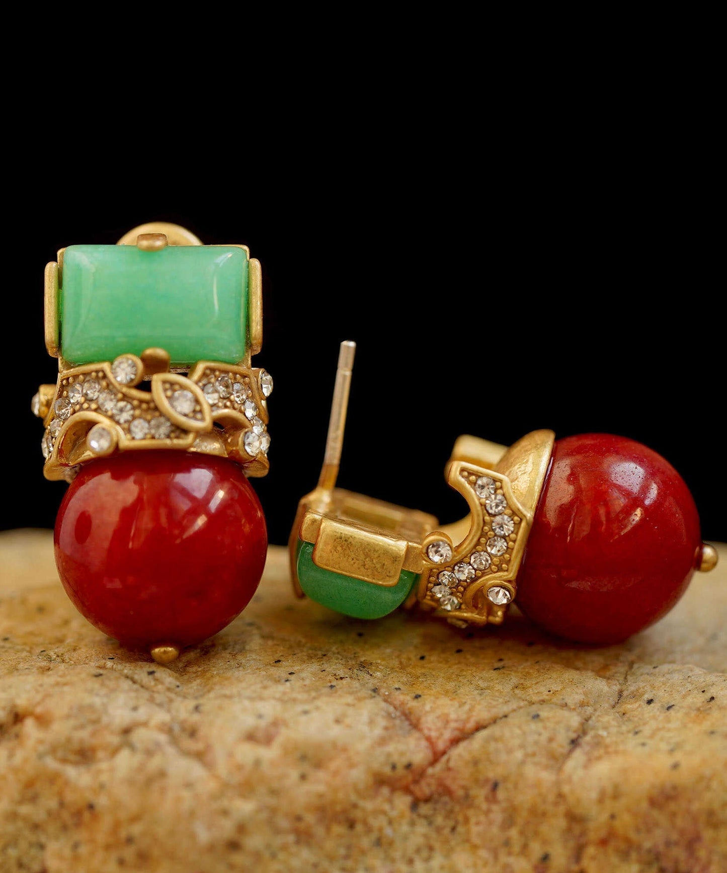 Boucles d'oreilles à tige vintage en argent sterling avec zircone et agate de jade - Urbann-Vibe
