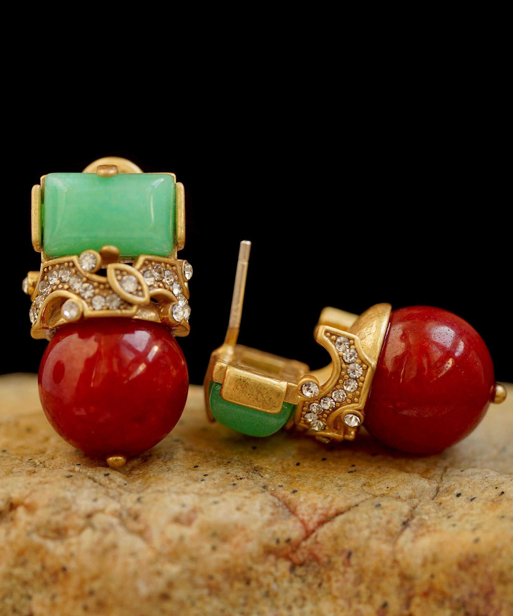 Boucles d'oreilles à tige vintage en argent sterling avec zircone et agate de jade - Urbann-Vibe