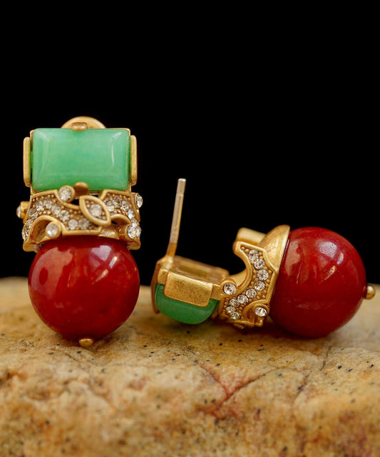 Boucles d'oreilles à tige vintage en argent sterling avec zircone et agate de jade - Urbann-Vibe