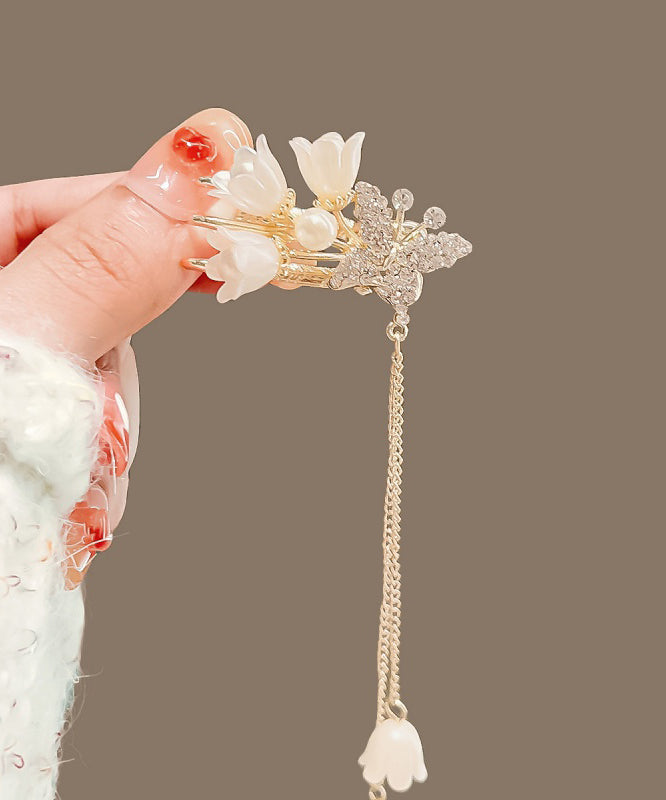 Épingle à cheveux vintage en alliage de cuivre doré et zircon, motif fleur et pompon - Urbann-Vibe