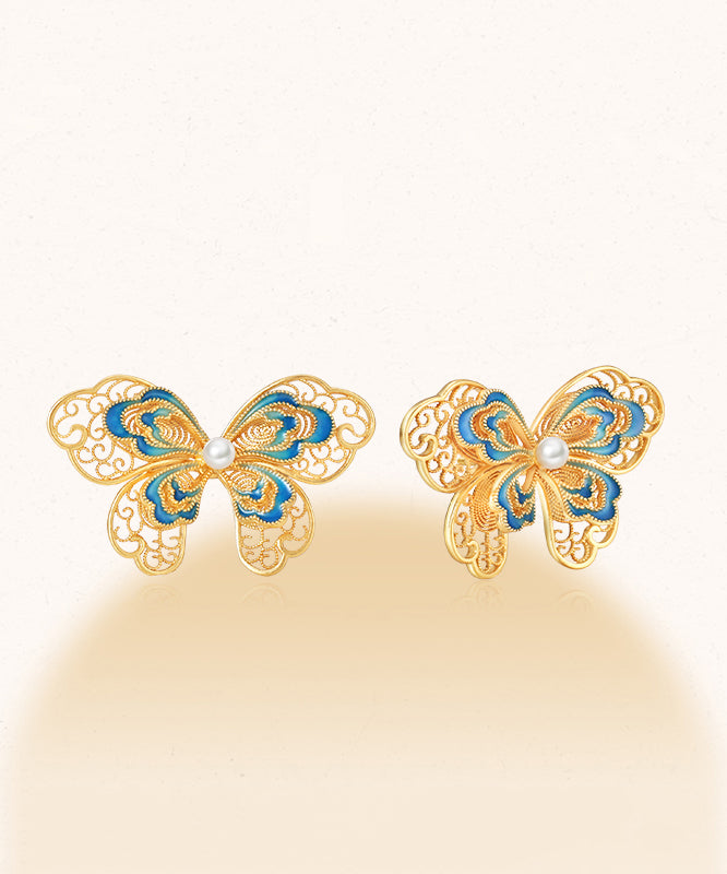 Boucles d'oreilles à tige vintage en argent sterling doré avec perles et papillon ajourées - Urbann-Vibe
