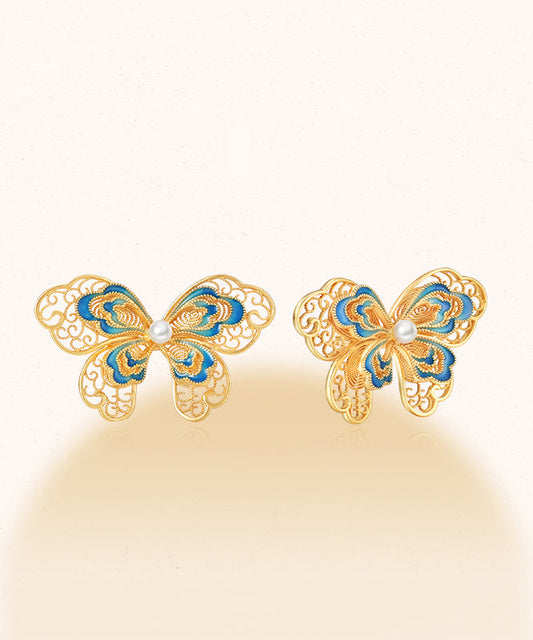 Boucles d'oreilles à tige vintage en argent sterling doré avec perles et papillon ajourées - Urbann-Vibe