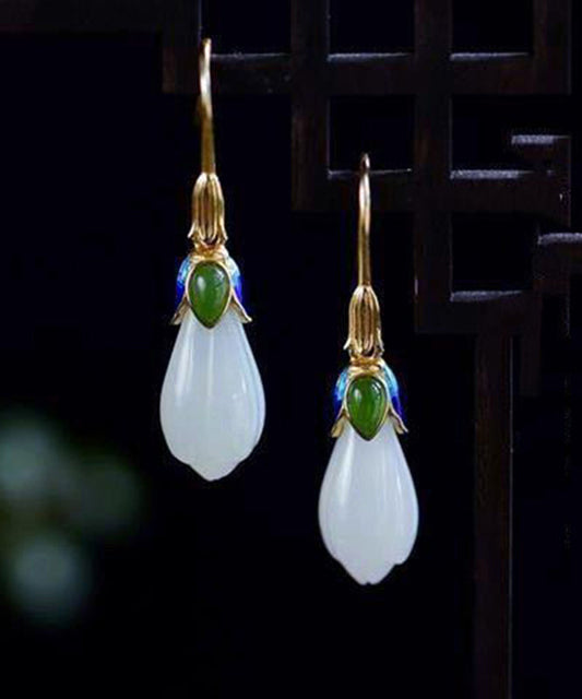 Boucles d'oreilles à tige vintage en argent sterling doré et jade cloisonné avec orchidée - Urbann-Vibe